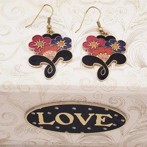 Vintage Cloisonne Enamel Flower Sun Dangle Earrings